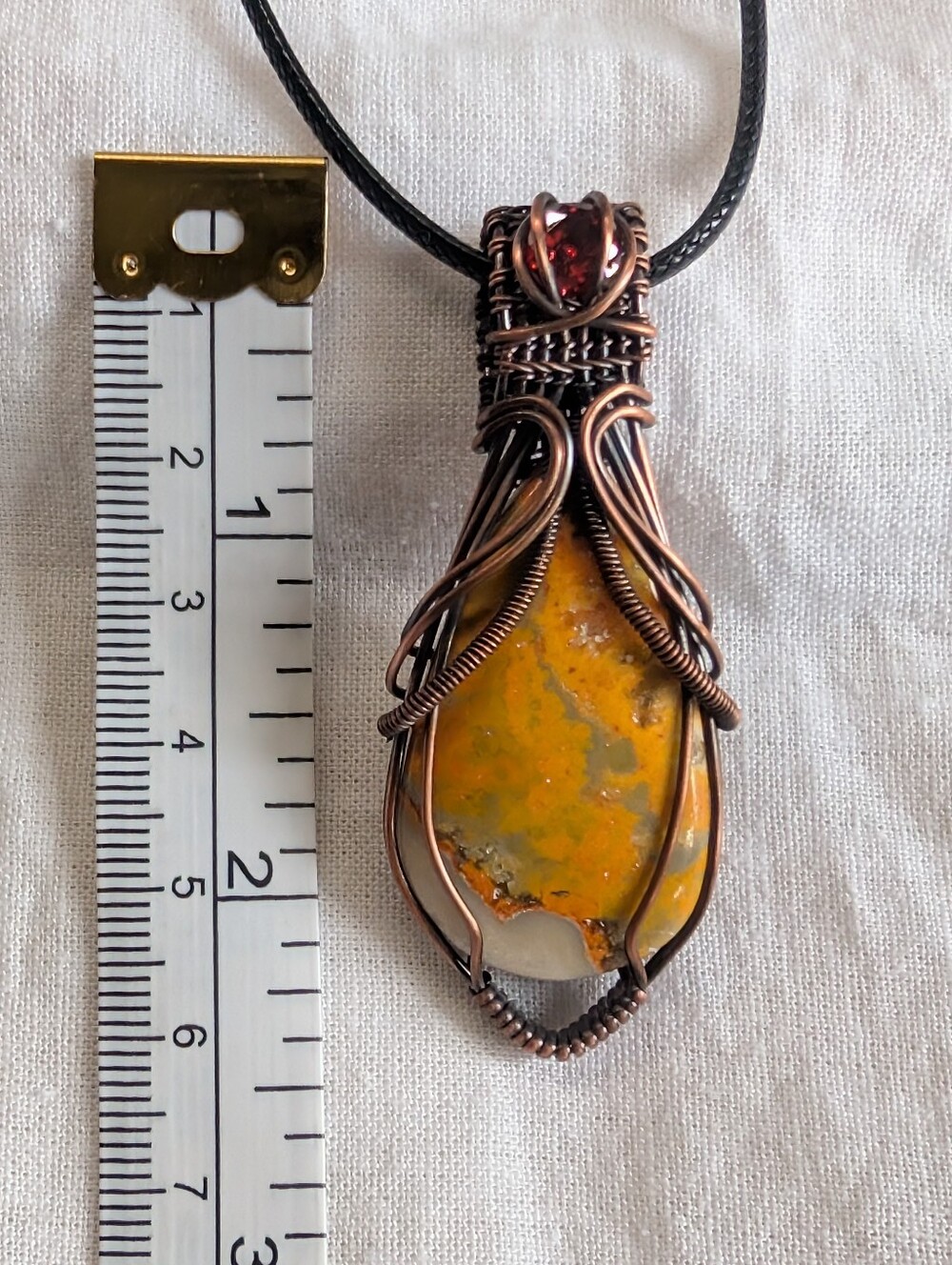 Bumblebee Jasper & Garnet  Handmade Copper Wire Wrapped Pendant - Picture 6 of 7